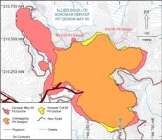 Pit outlines showing new areas of ore